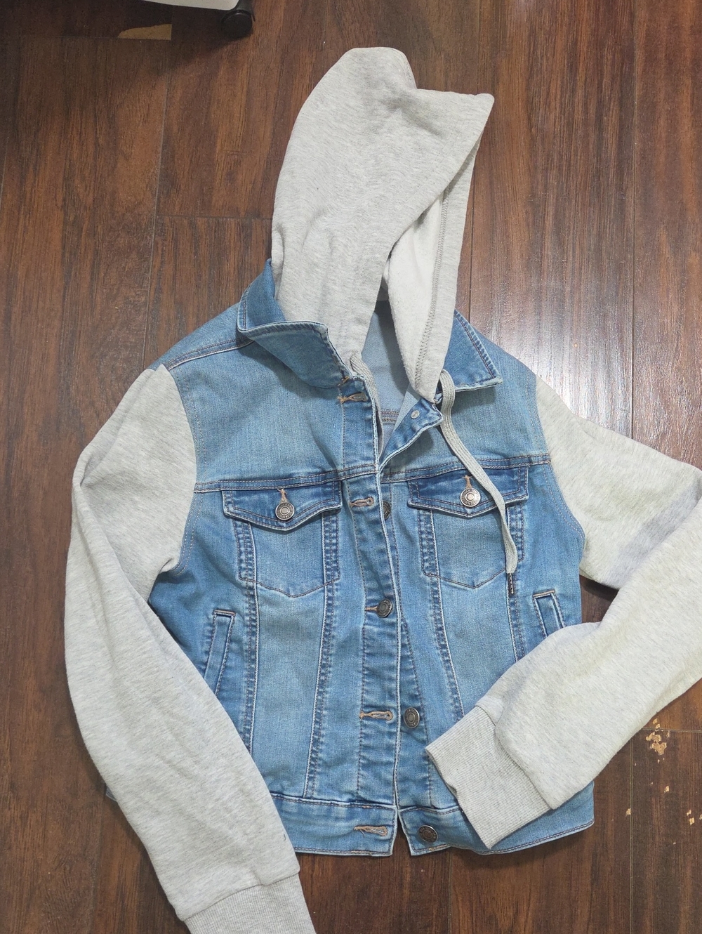 Wax Jean Light Blue Denim Jacket with Grey Hood & Sleeves, Size M.